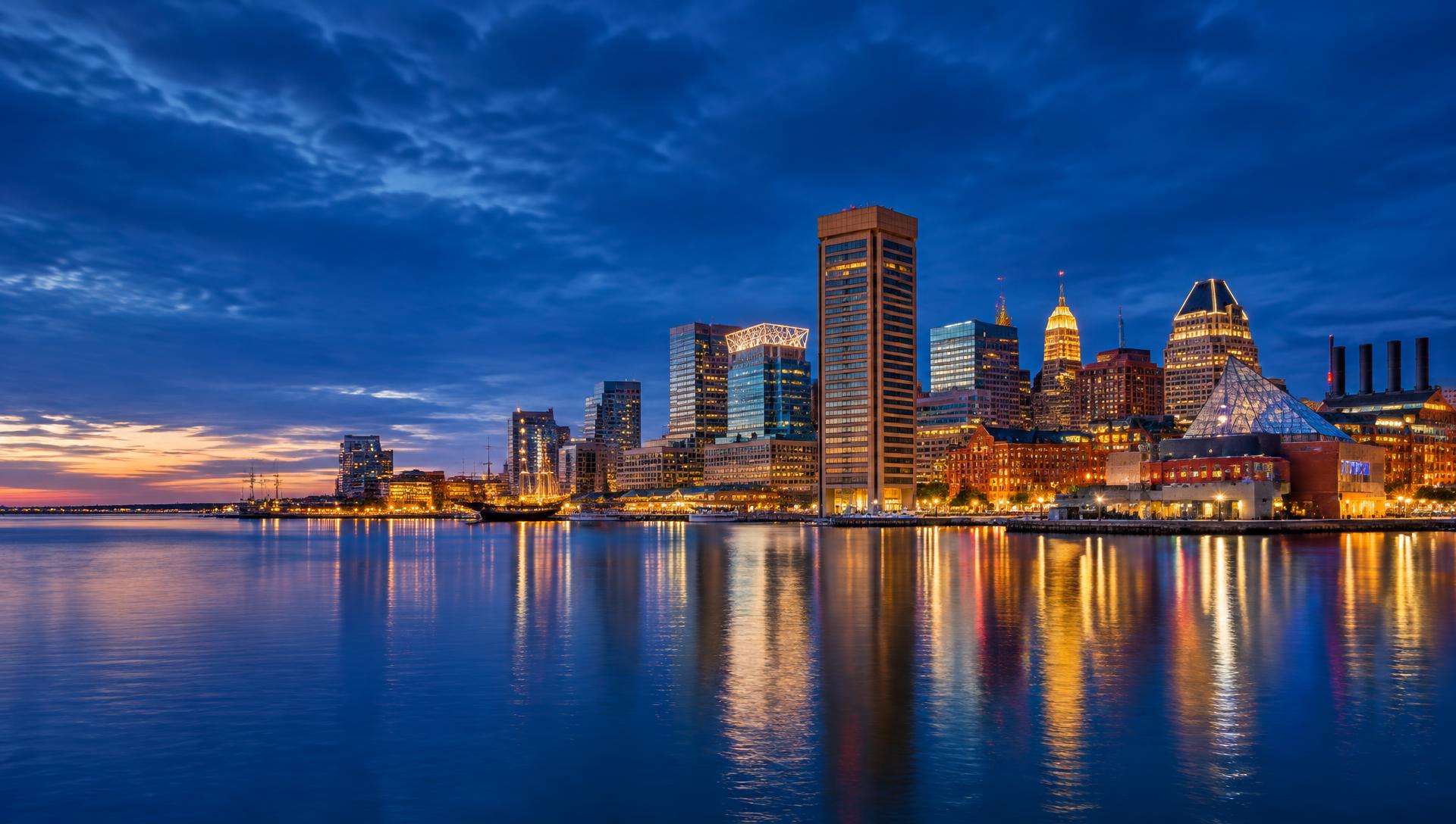 Baltimore Inner Harbor skyline at blue hour